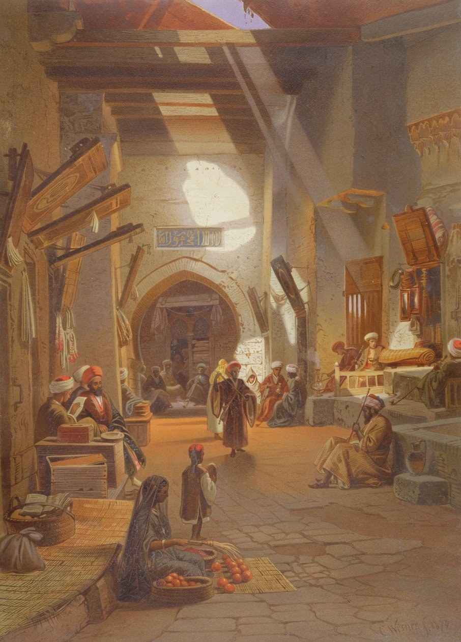 Bazaar at Girgah, en av 24 illustrationer producerade av G.W. Seitz, tryckt c.1873 av Carl Friedrich Heinrich Werner