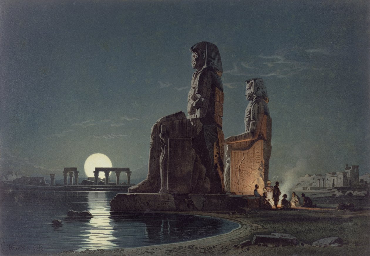 The Colossi of Memnon, Thebe, en av 24 illustrationer producerade av G.W. Seitz, tryckt c.1872 av Carl Friedrich Heinrich Werner