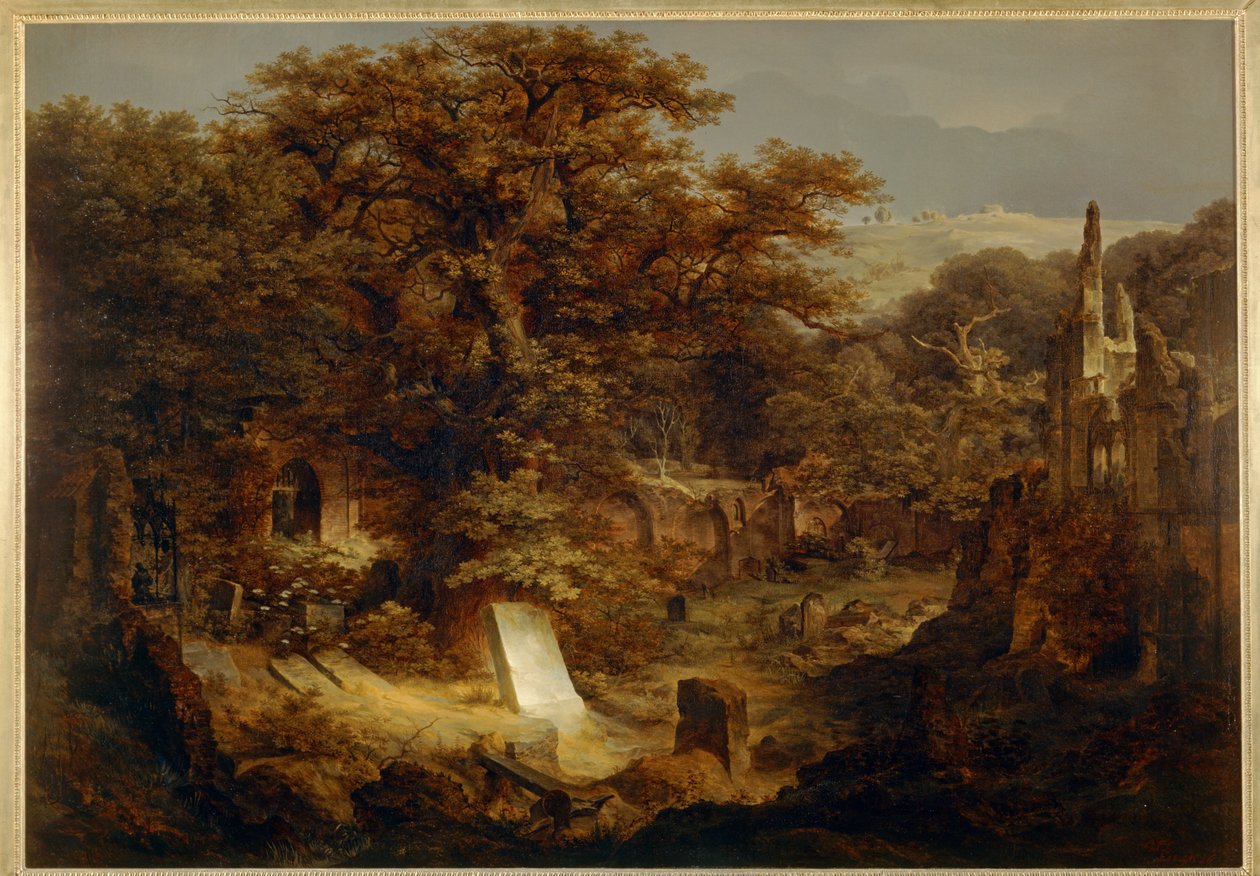 Kyrkogård och ruiner övervuxna med träd ... av Carl Friedrich Lessing