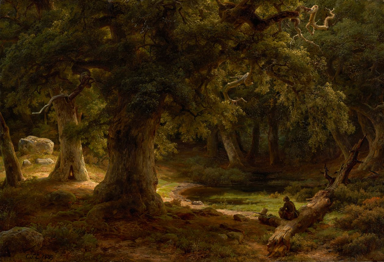 Ekskog med vilande jägare av Carl Friedrich Lessing