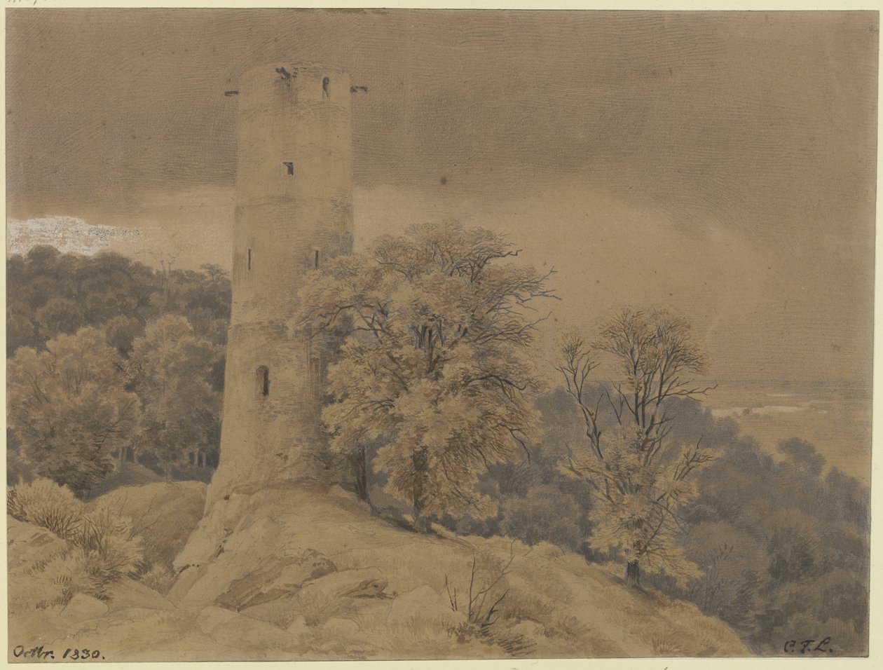 Skogslandskap med vakttorn av Carl Friedrich Lessing