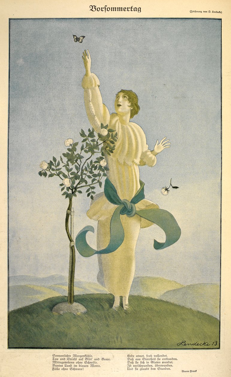 Teckning till dikten "Vorsommertag": .Teckning på dikten "Vorsommertag". En kvinna som sträcker sig efter en fjäril. av Carl Friedrich Otto Lendecke