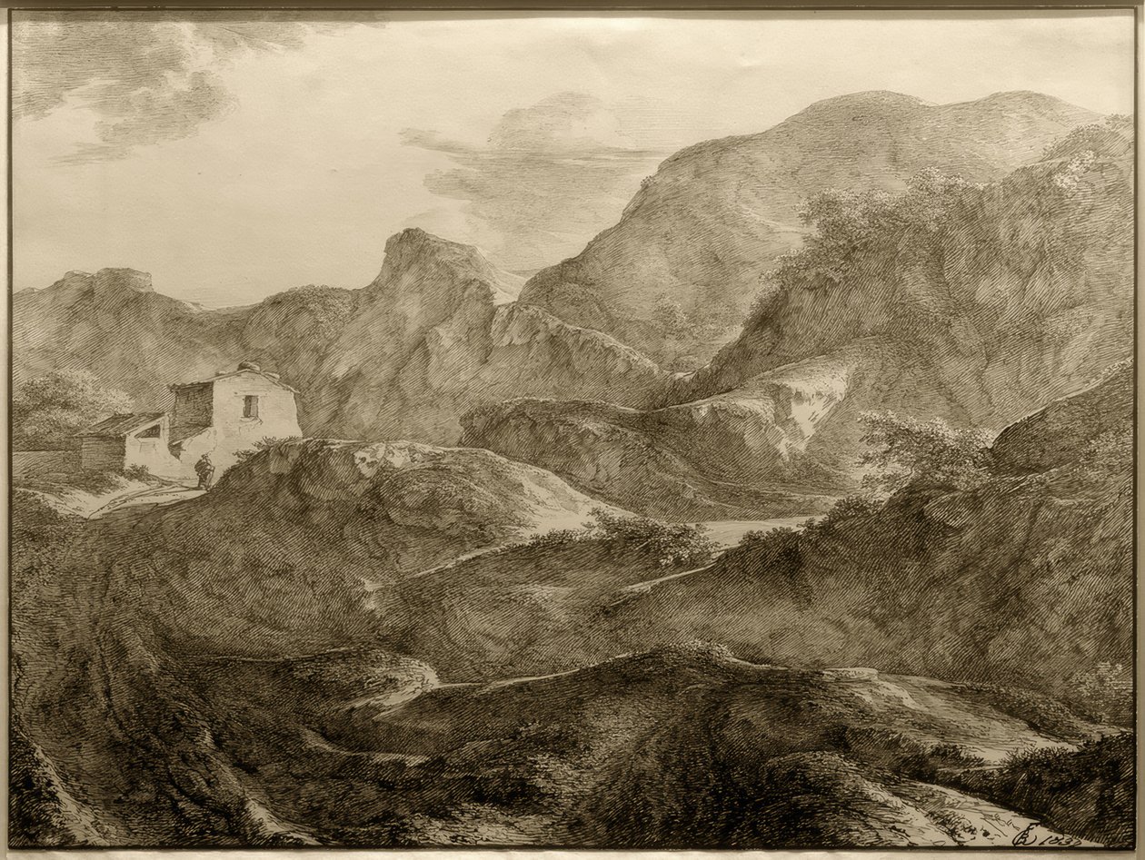 Bergslandskap, till vänster ett hus med en vandrare framför sig av Carl Friedrich von Rumohr