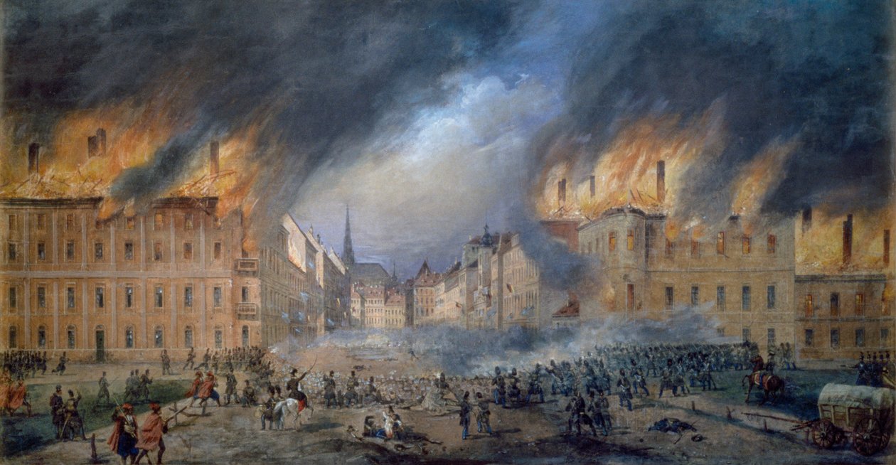 Slaget vid Sternbarrikade i Jagerzeile den 28 oktober 1848, revolution i Wien, brand i staden, målning av Carl Goebel (1824-1899), Österrike av Carl Goebel