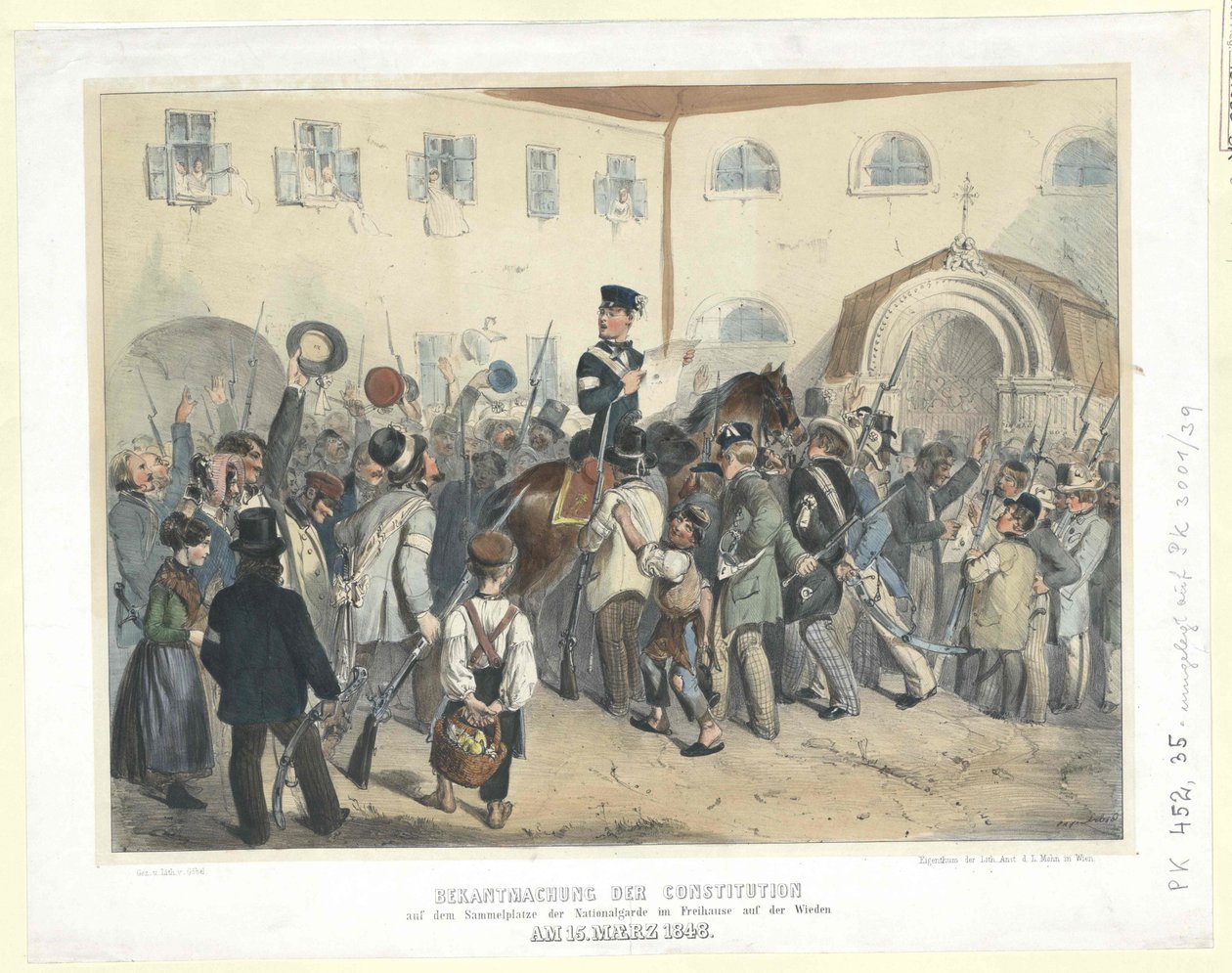 Författningsproklamation på nationalgardets mötesplats i Freihaus (Fria huset) på Wieden den 15 mars 1848 (färglitografi) av Carl Goebel