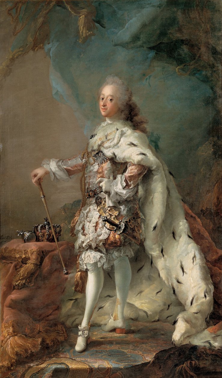 Porträtt av Frederik V 1723-1766 i smörjdräkt, ca. 1750 av Carl Gustaf Pilo