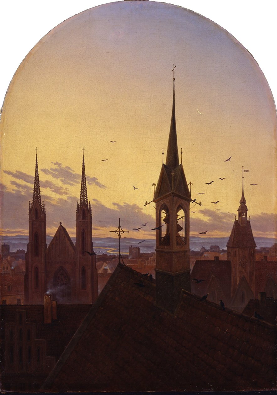 Tyska: Frühläuten (Altdeutsche Stadt im Frühlicht) Morgonpip (gammal tysk stad i morgonljus) av Carl Gustav Carus