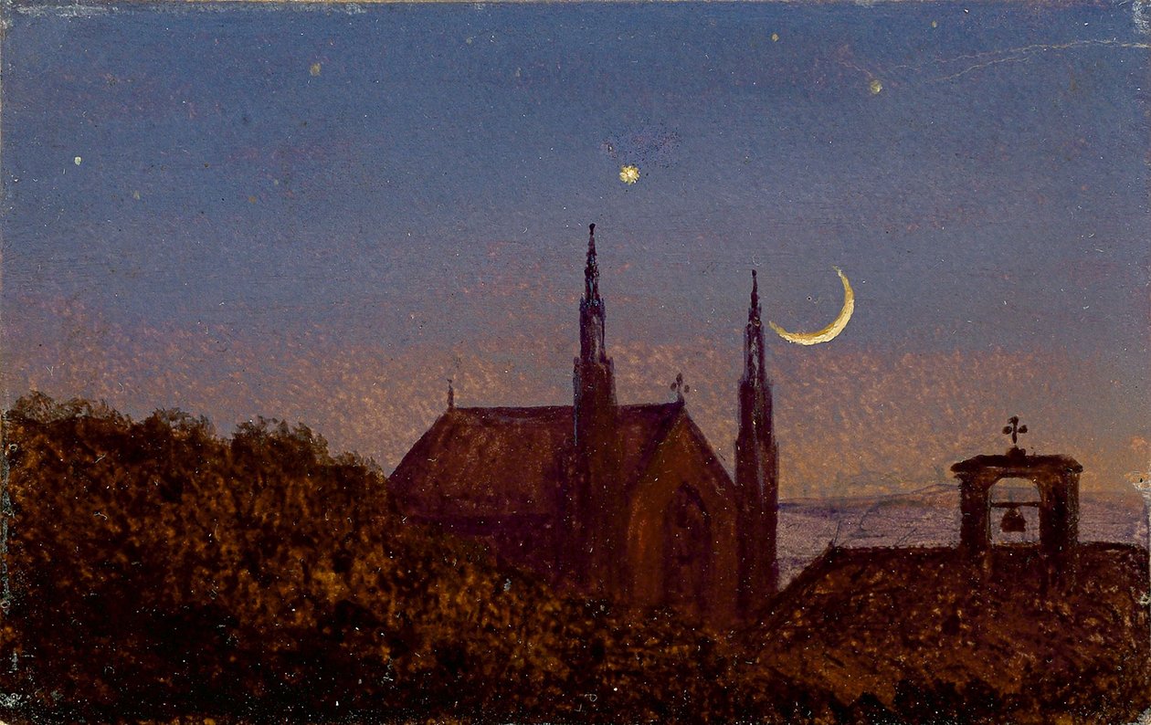 Tyska: Gotisk kyrka ovanför trädtoppar i månsken (Litet månbelyst landskap med liten kyrka) av Carl Gustav Carus