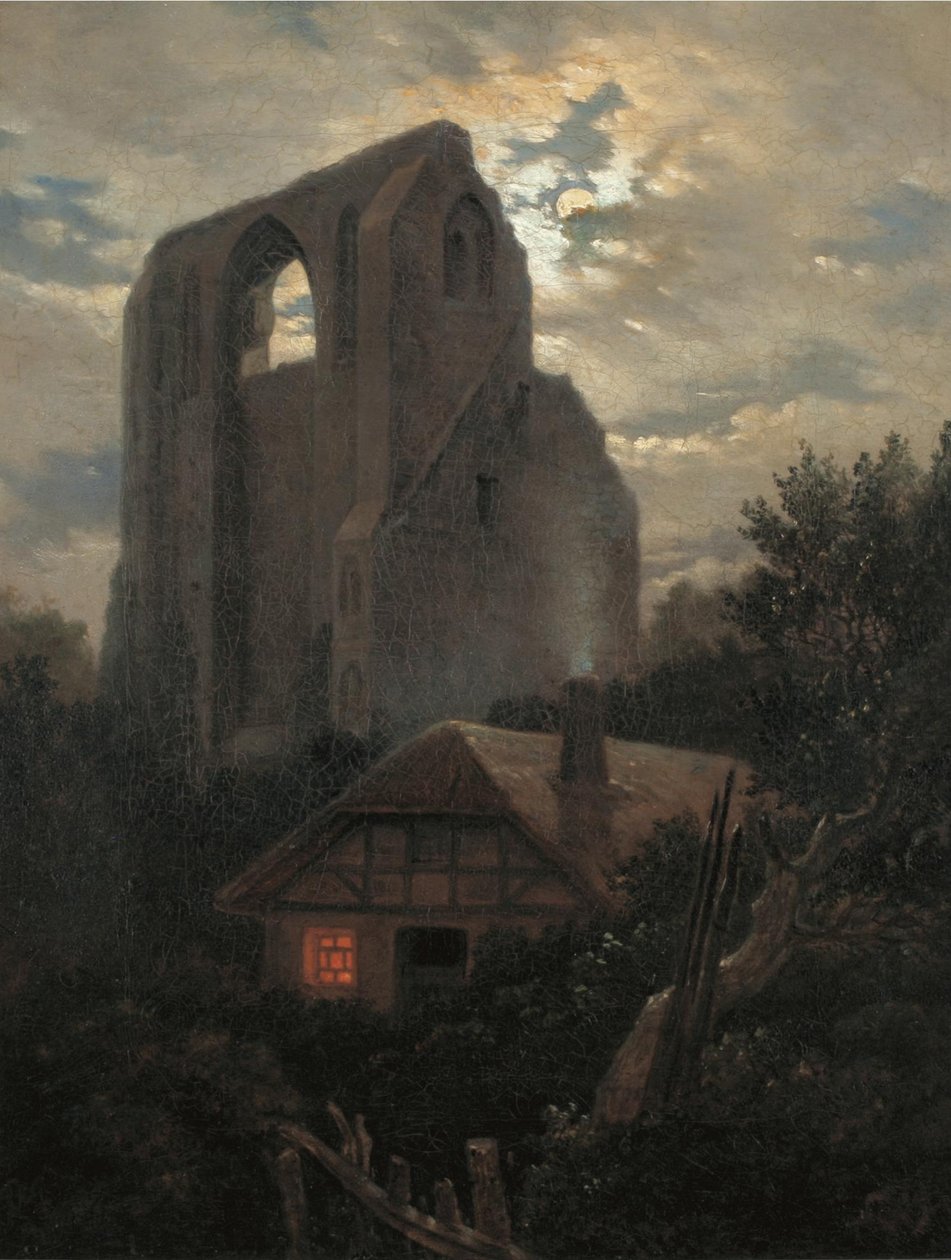 Ruinerna av Eldena-klostret med stuga nära Greifswald i månsken, 1820 av Carl Gustav Carus
