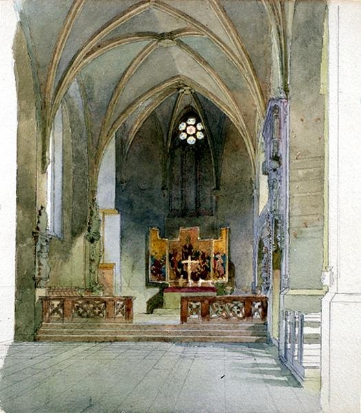 En kyrklig interiör (akvarell på papper) av Carl Haag