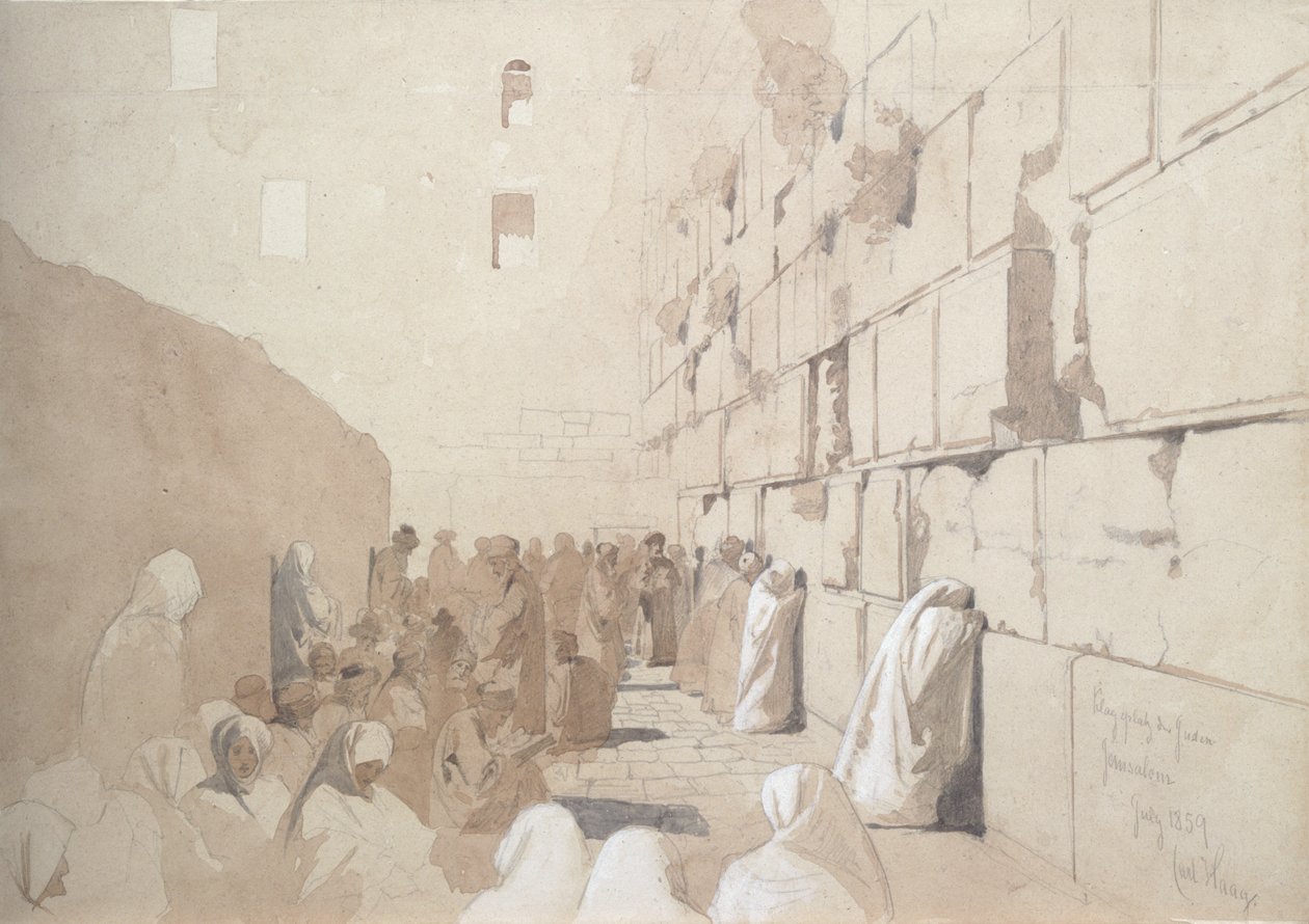 "Am Klageplatz der Juden", Klagemuren i Jerusalem, 1869 (blyerts och tvätt med vit färg på papper) av Carl Haag