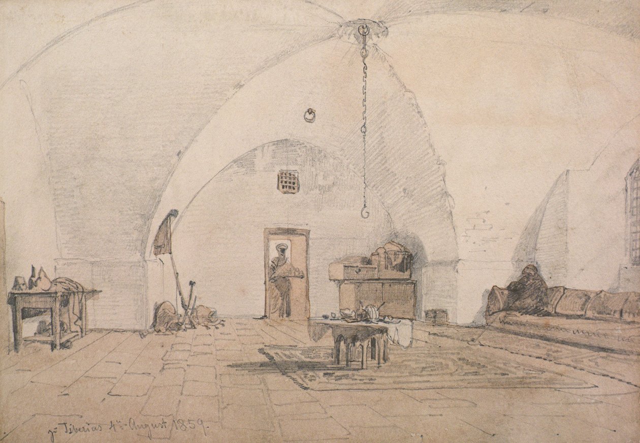 En interiör på Tiberias, 1859 (penna och tvätt på papper) av Carl Haag