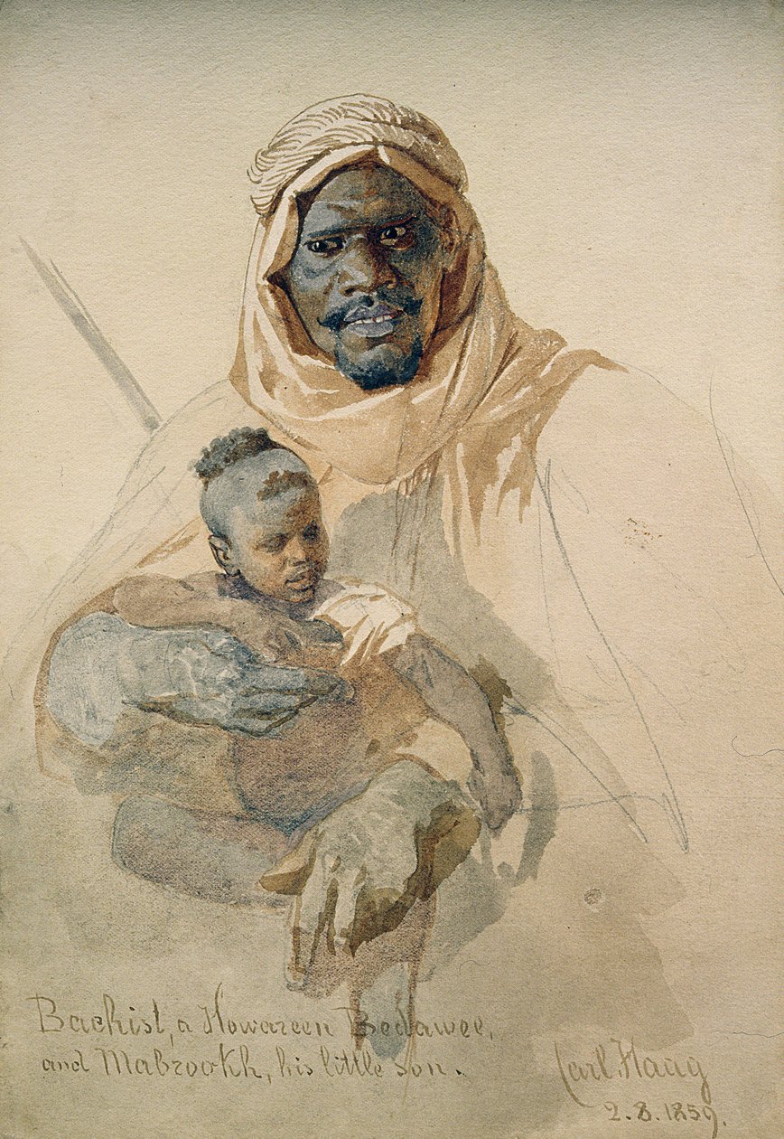 Bachist, en Howazeen Bedawee och Mabzookh, hans lille son, 1859 (penna och wc-tvätt på papper) av Carl Haag