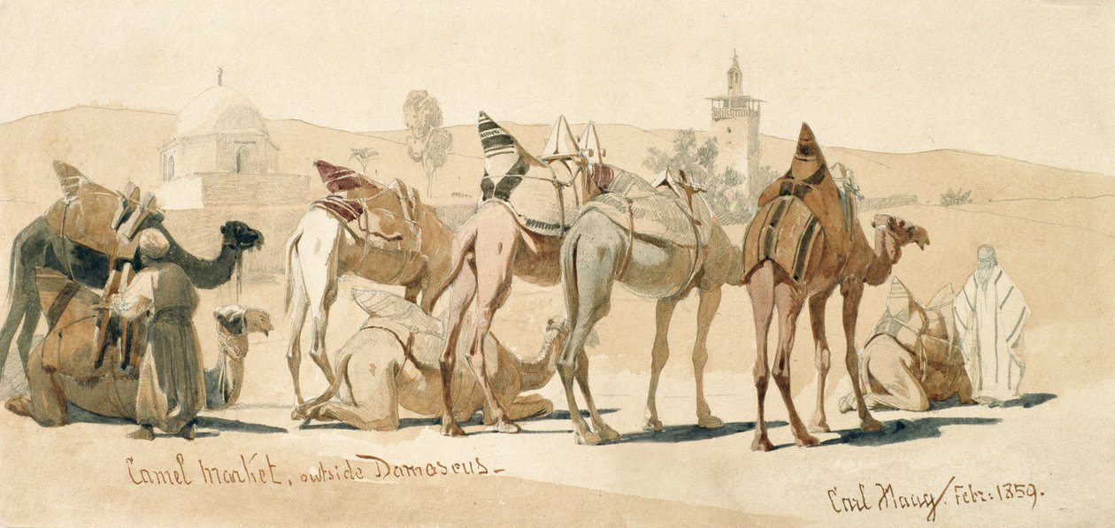 Kamelmarknad utanför Damaskus, 1859 (penna och tvätt på papper) av Carl Haag
