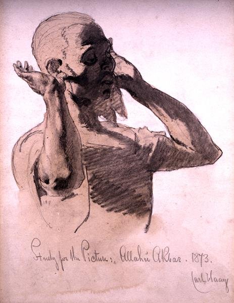 Figure Praying, en studie för bilden, Allahu Akbar, 1873 (penna och akvarelltvätt på papper) av Carl Haag