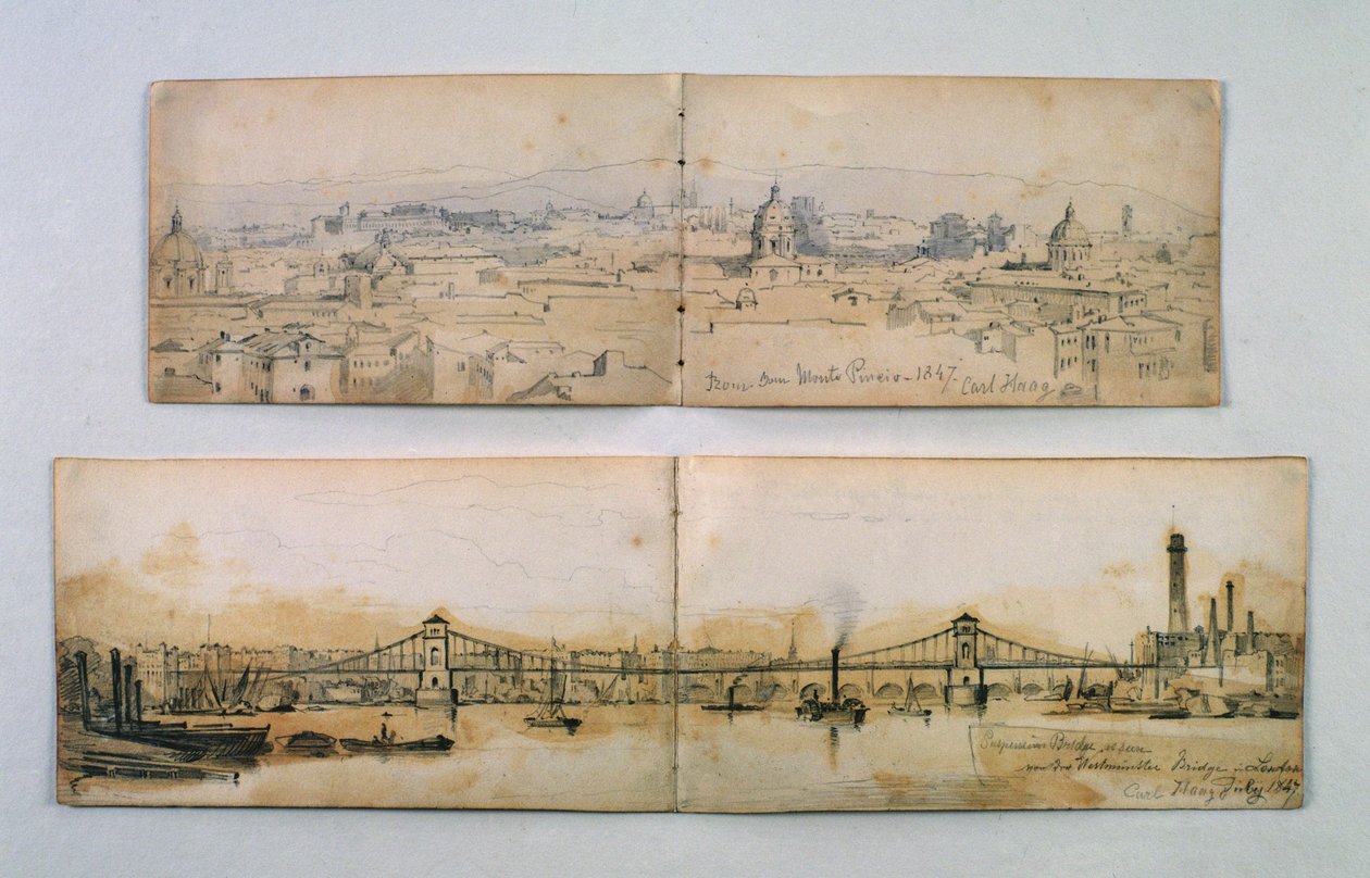 Hungerford Suspension Bridge och Monte Pineio, 1847 (penna och tvätt på papper) av Carl Haag