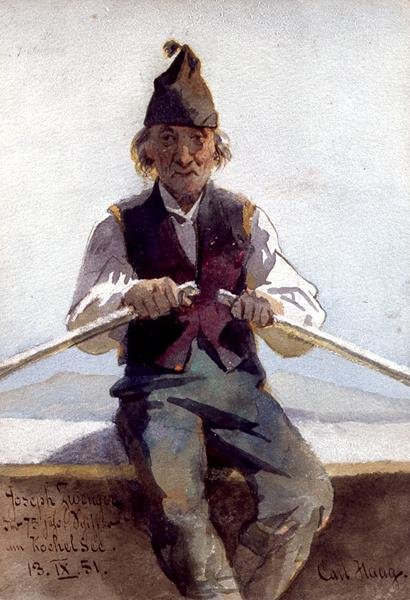 Joseph Zwenger i en roddbåt, bayerska höglandet av Carl Haag