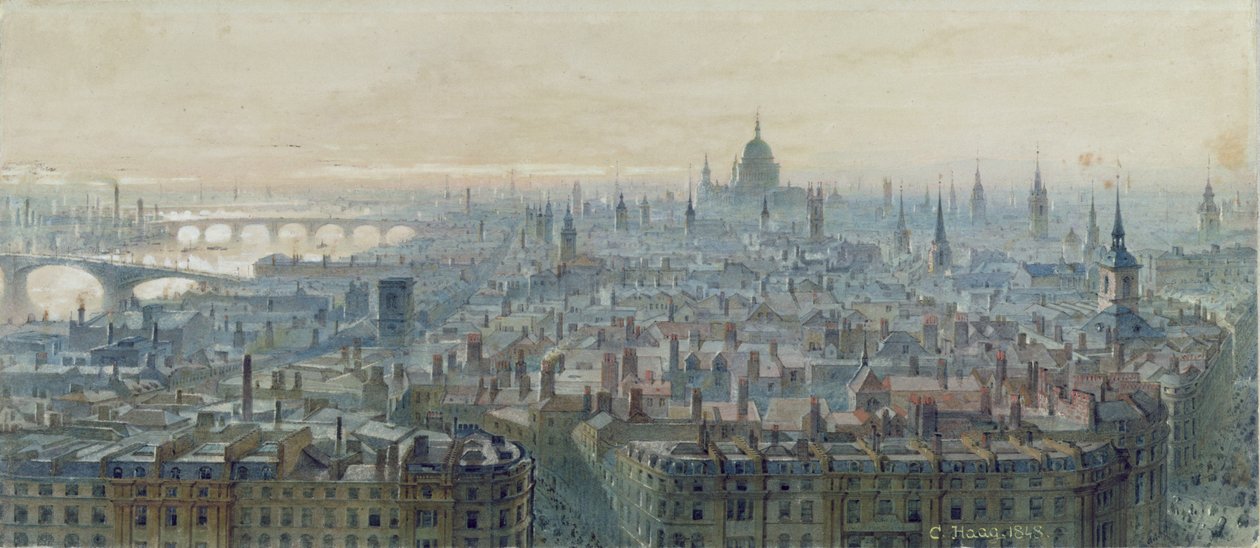 Panorama över London från toppen av monumentet, blickande västerut, 1848 av Carl Haag