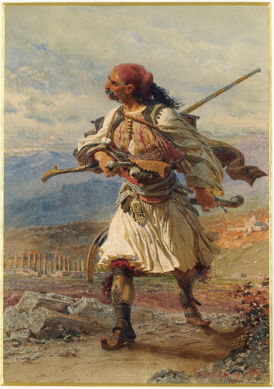 Porträtt av en armatole, grekisk krigare, vid tiden för det grekiska frihetskriget (1821-1830) - Verk av Carl Haag (1820-1915), akvarell och gouache på papper (35x25 cm) av Carl Haag