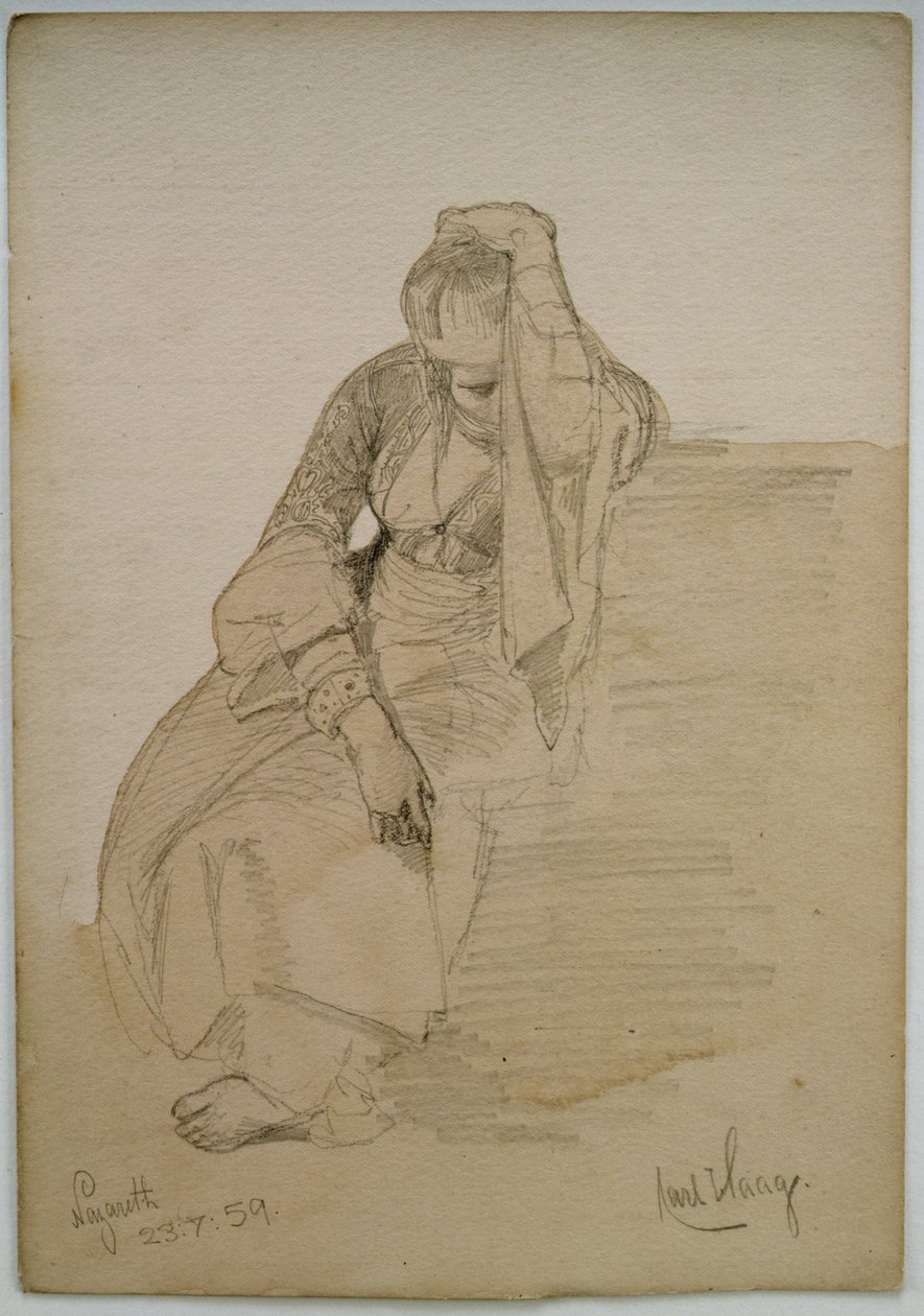 Studie av en sittande dam, Nasaret, 1859 (penna och wc-tvätt på papper) av Carl Haag