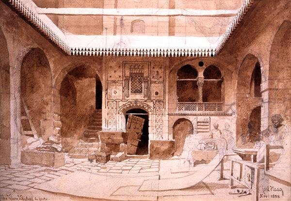 Chan Chaleel Carpet Bazaar i Kairo, 1858 (penna och brun tvätt på papper) av Carl Haag