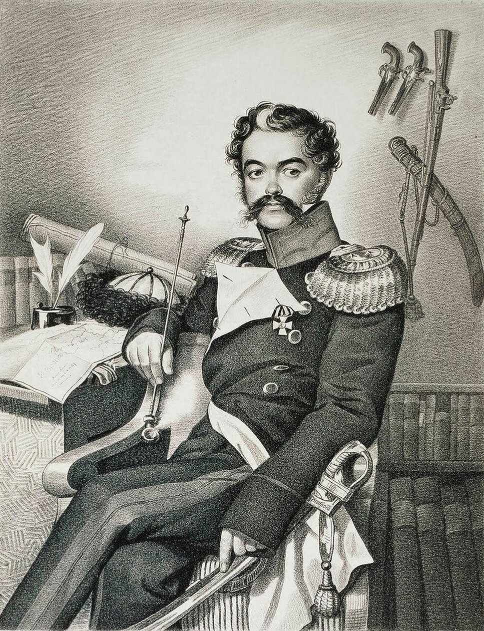 Porträtt av Denis Davydov 1784-1839, soldat och poet, tidigt 1800-tal. av Carl Hampeln von