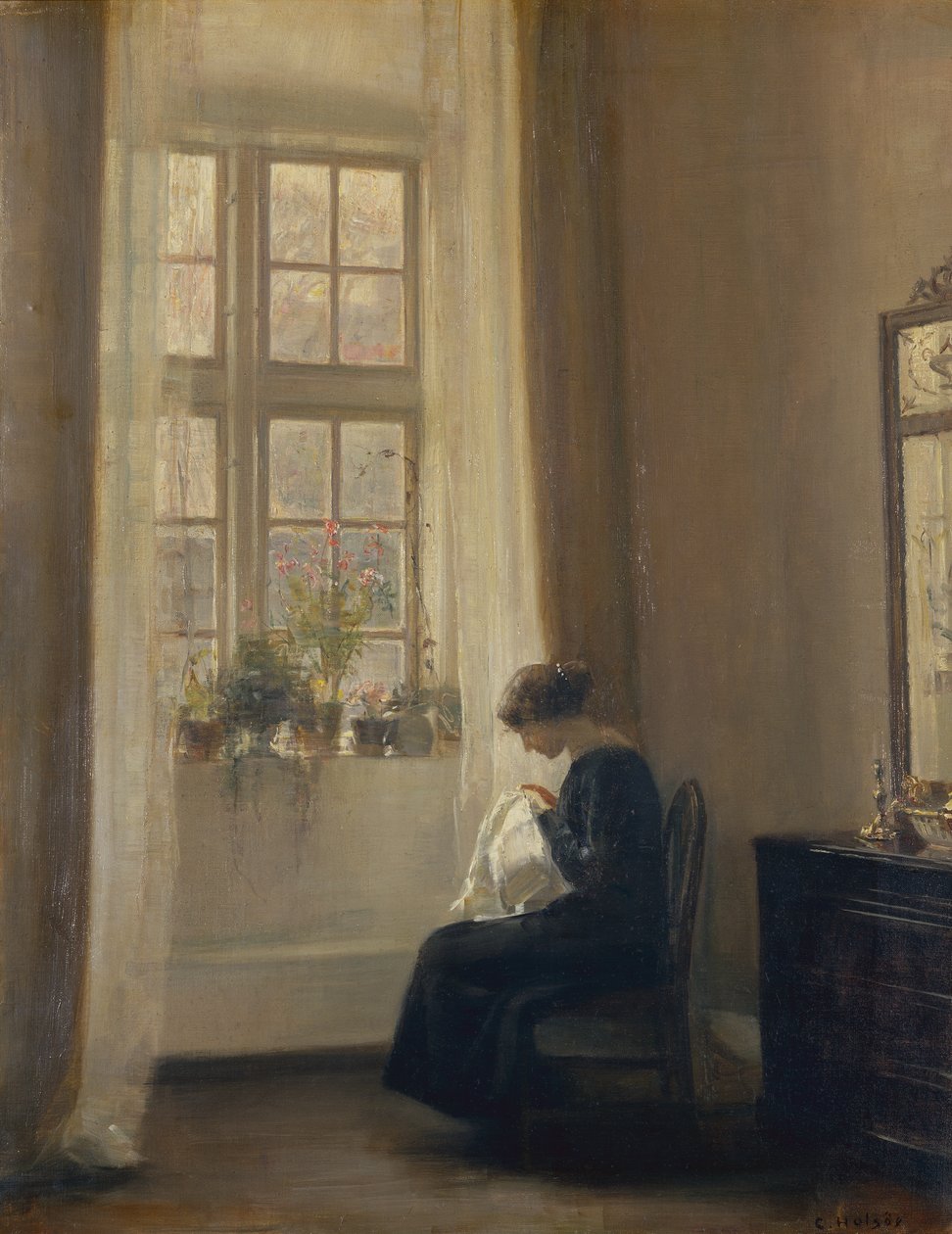 En flicka som syr i en interiör (olja på duk) av Carl Holsoe
