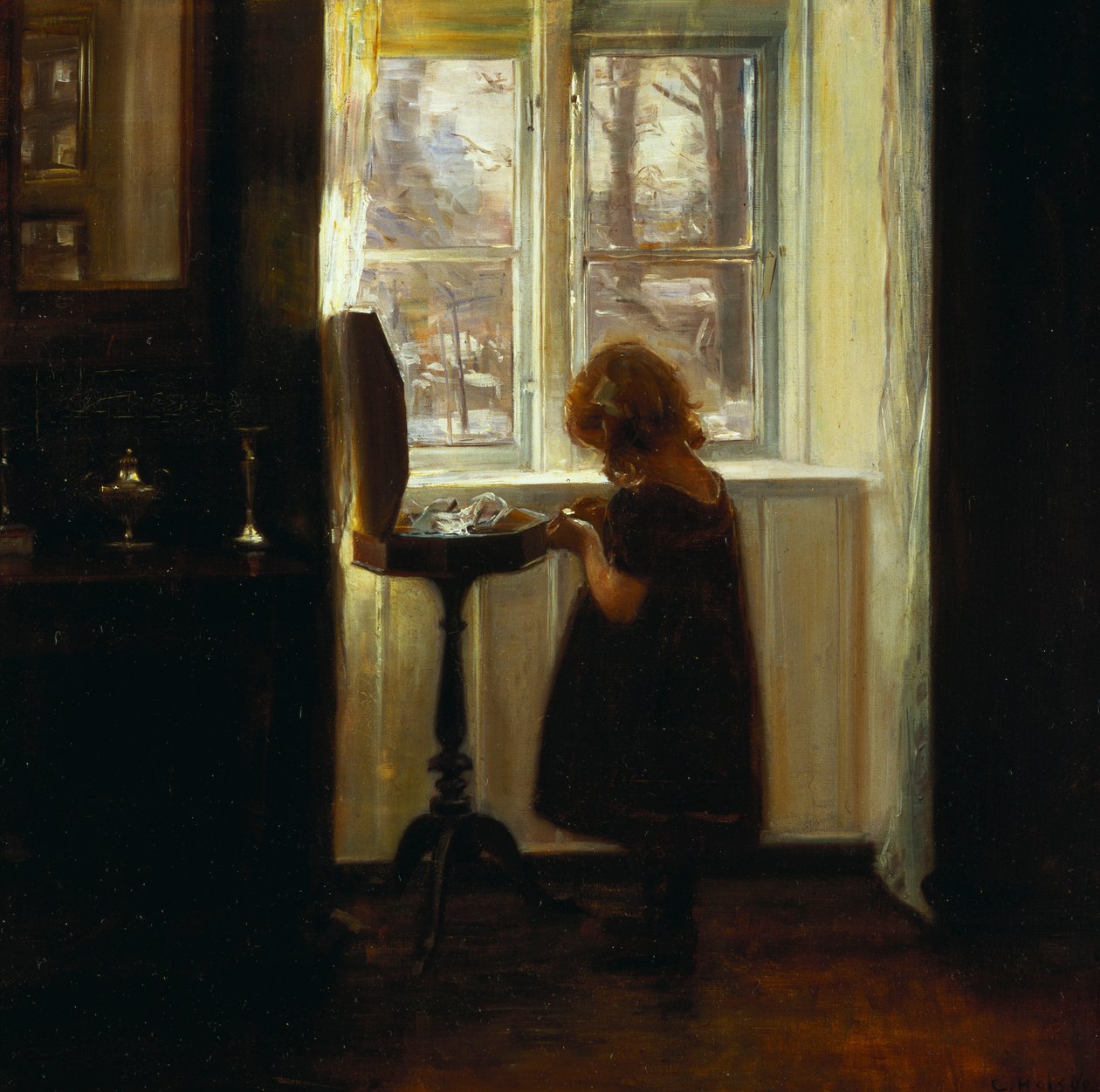 En flicka som står vid ett sybord (olja på duk) av Carl Holsoe
