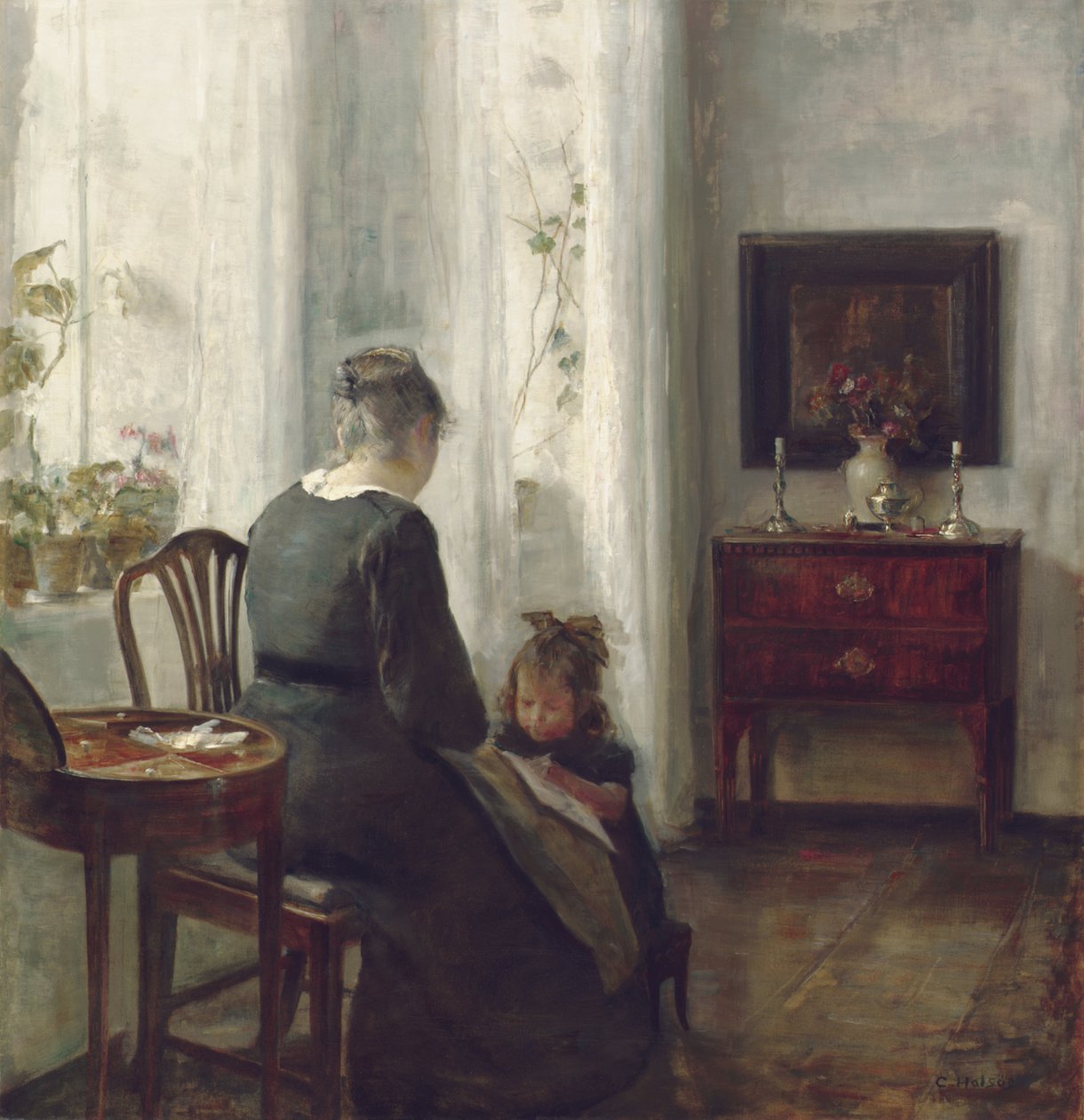 En mor och ett barn i en interiör (olja på duk) av Carl Holsoe