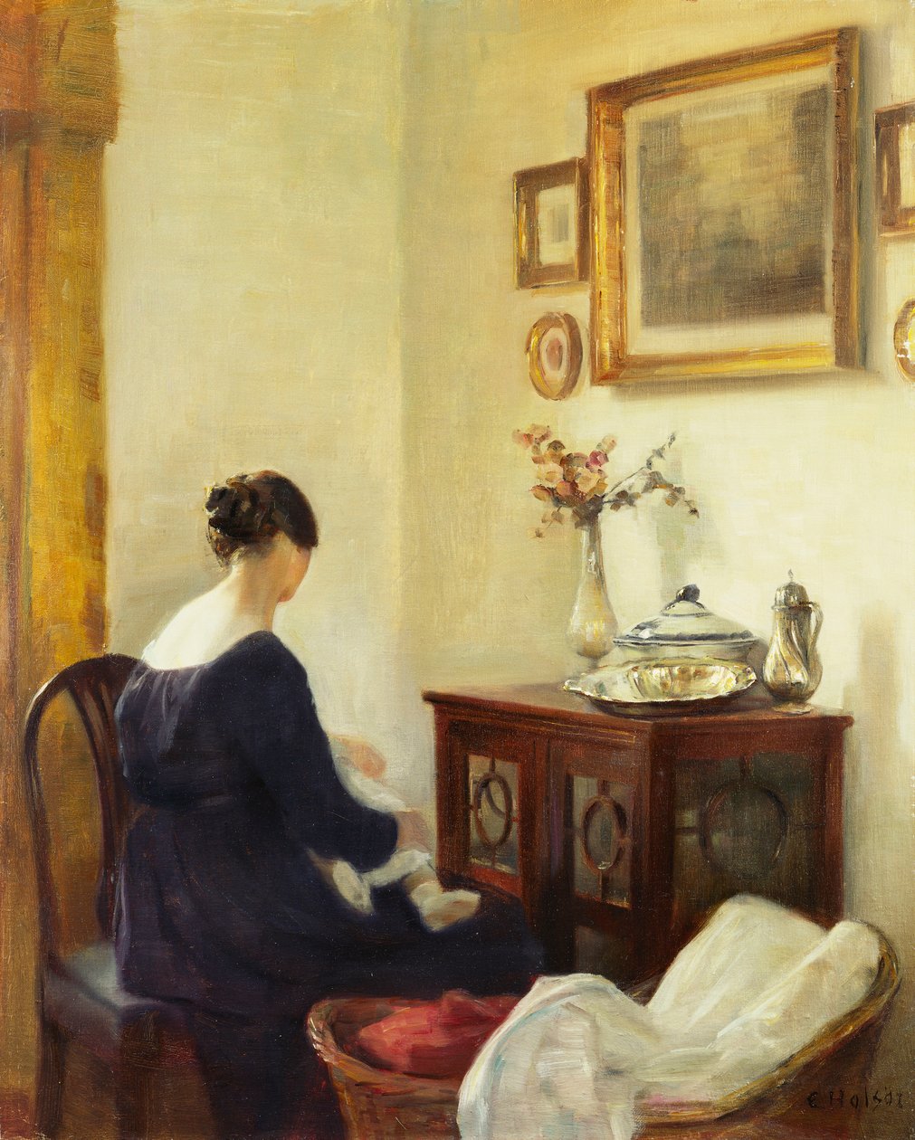 En mor och ett barn i en interiör (olja på duk) av Carl Holsoe
