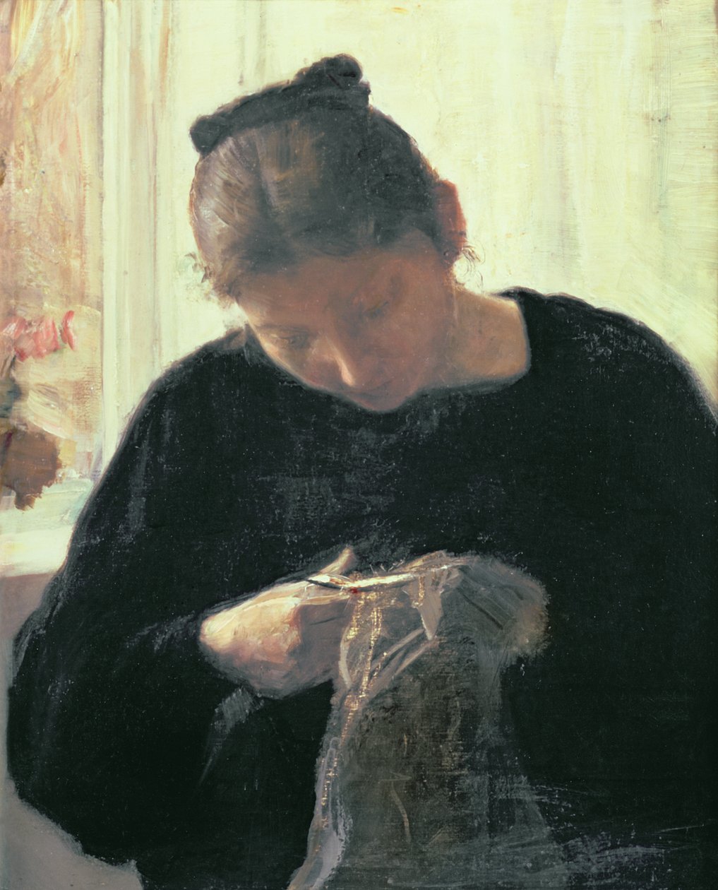En kvinna som syr av Carl Holsoe