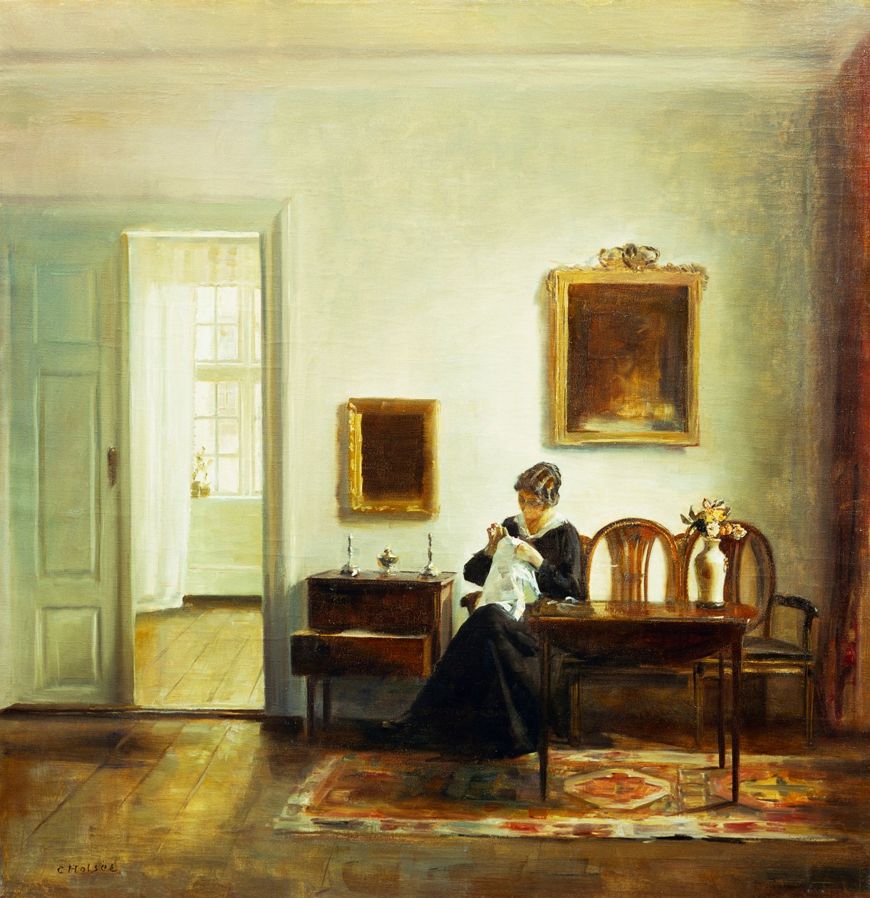 En kvinna som syr i en interiör (olja på duk) av Carl Holsoe