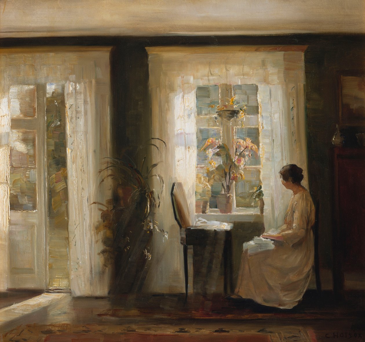 En kvinna vid ett soligt fönster (olja på duk) av Carl Holsoe