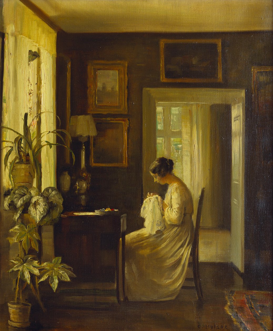 En interiör med en kvinna som syr (olja på duk) av Carl Holsoe