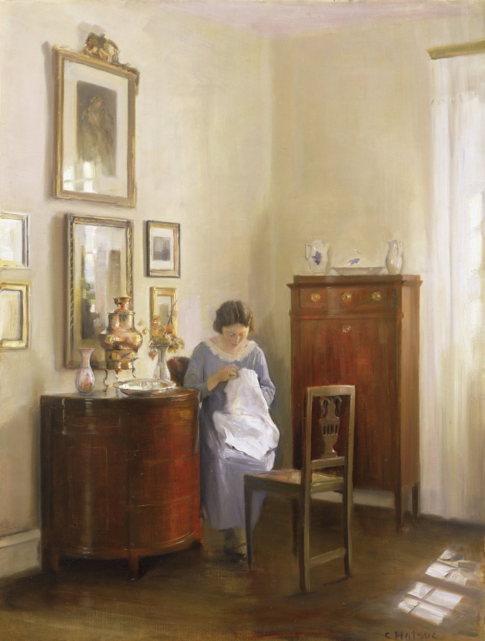 Interiör med Lady Sewing, c.1910 av Carl Holsoe