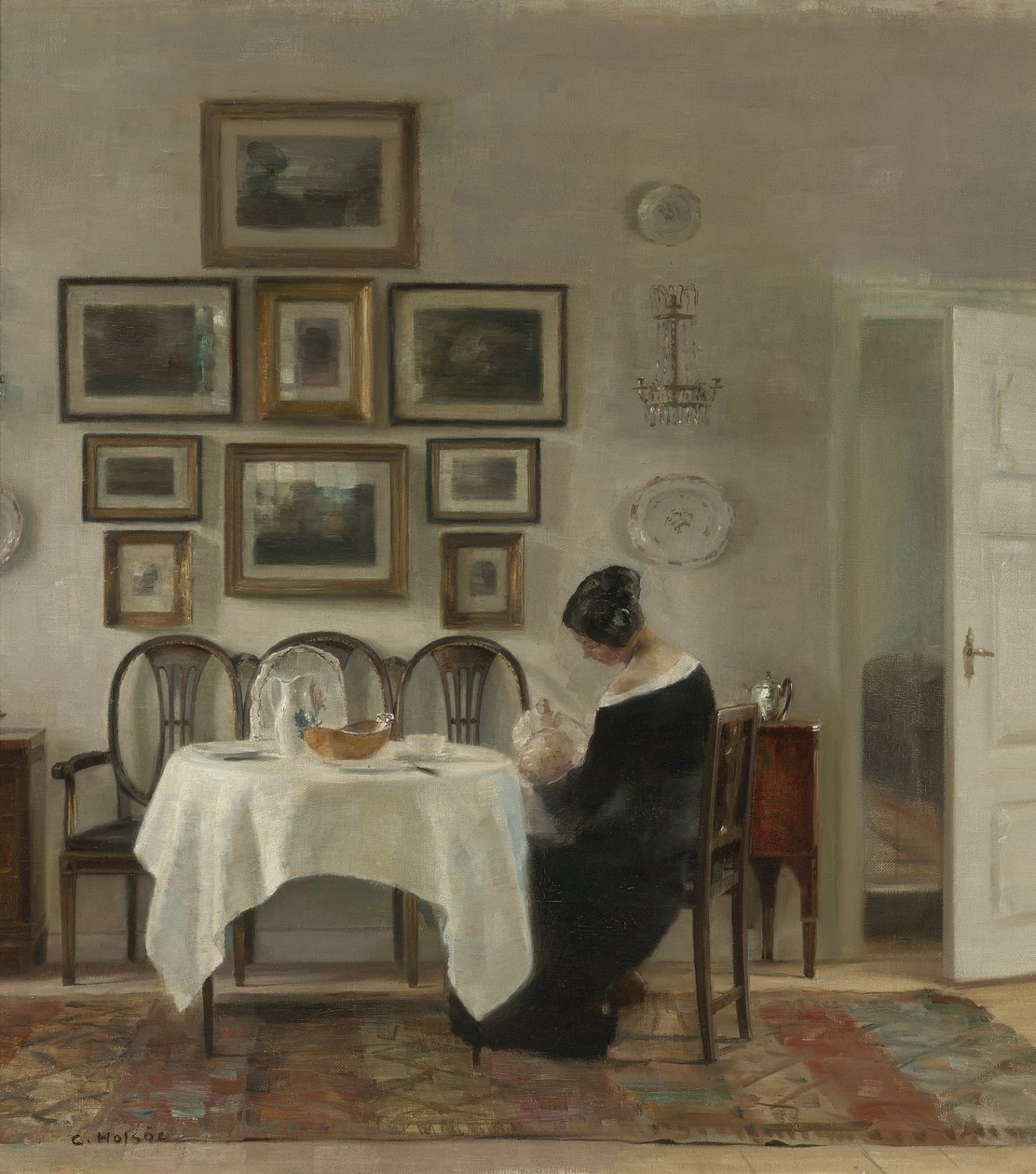 Mor och barn vid bordet par Holsoe, Carl (1863-1935), - Olja på duk, 75,2x68,2 - Privat samling av Carl Holsoe