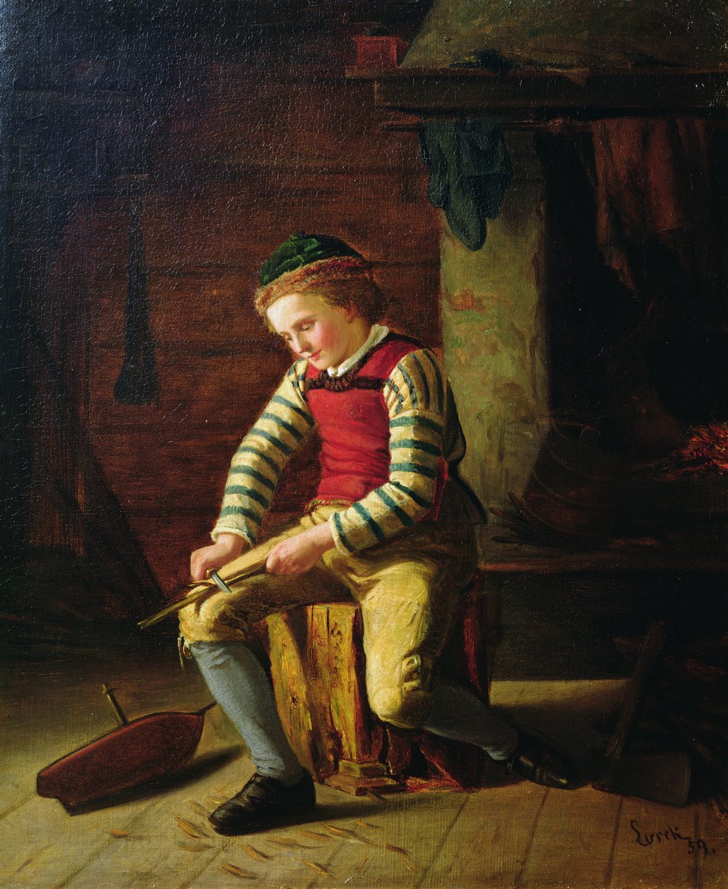 Pojke som gör en träbåt av Carl Julius Lorck