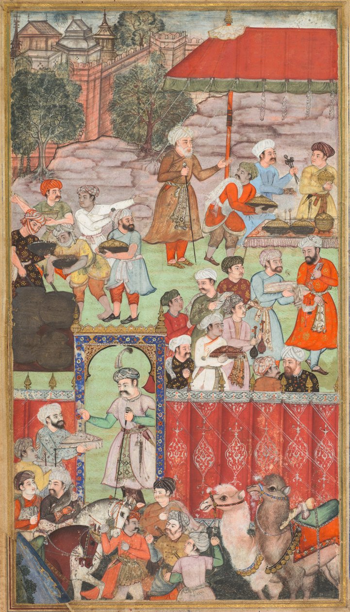 En fest för Babur arrangerad av hans halvbror Jahangir Mirza i Ghazni i maj 1505, från en Babur-nama (Memoirs of Babur) av Carl Julius Rieden