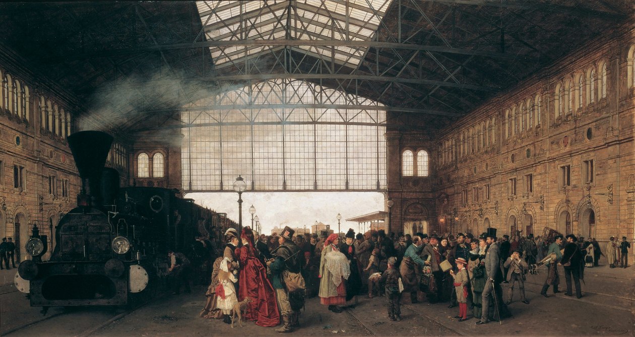Ankomst av ett tåg till Wiens nordvästra station par Karl Karger (1848-1913) av Carl Karger