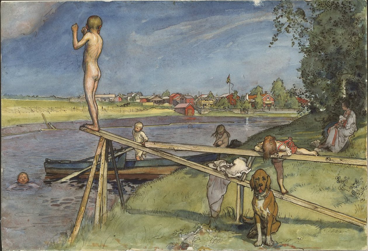 En trevlig badplats. Ur *A Home* (26 akvareller) av Carl Larsson