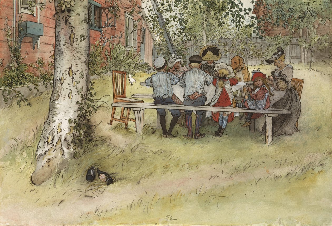 Frukost under den stora björken, från A Home-serien, ca 1895 (wc på papper) av Carl Larsson