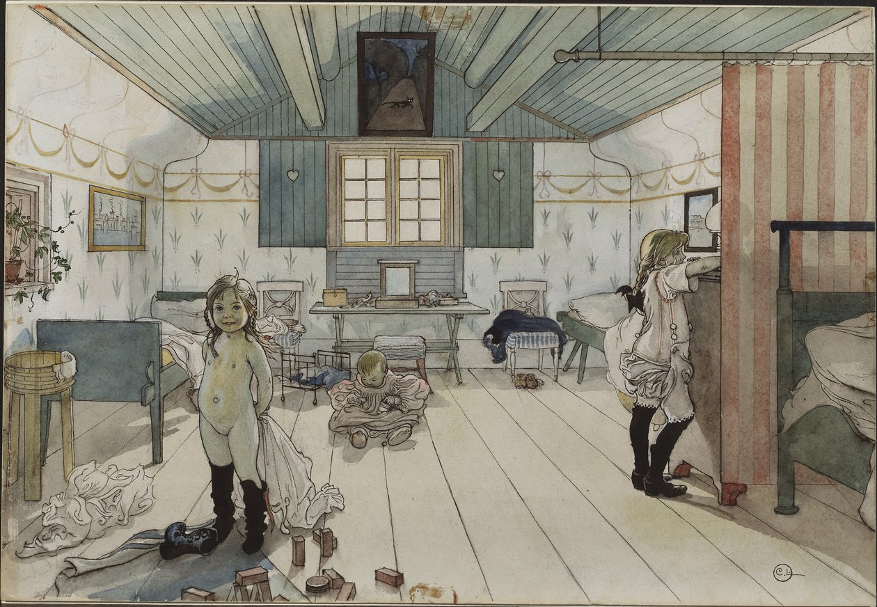 Chambre de petites filles - Litet flickrum, av Larsson, Carl (1853-1919). Akvarell på papper. Mått: 32x43 cm. Nationalmuseum Stockholm av Carl Larsson