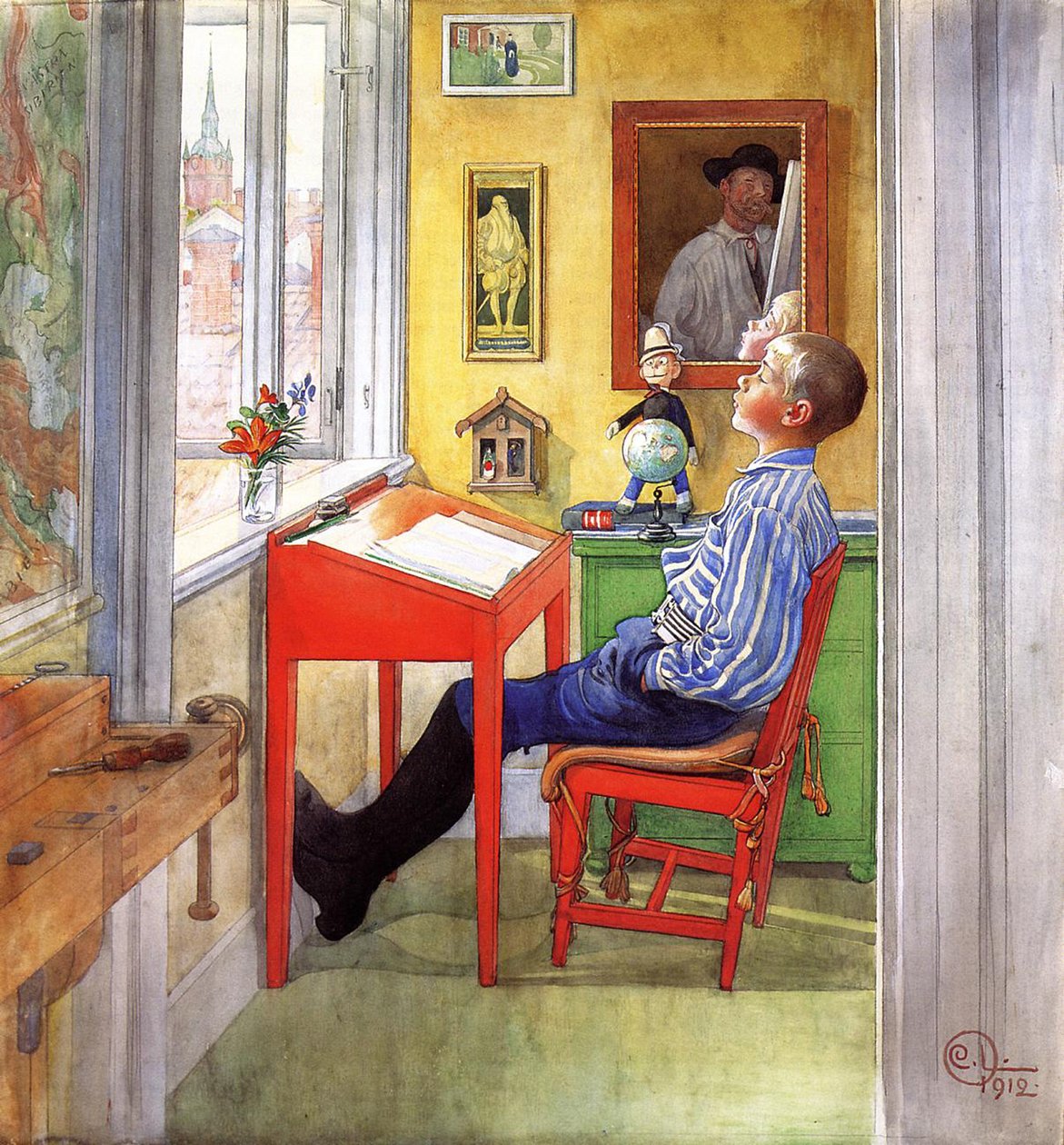 Esbjörn Doing his Homework, 1912 (wc, gouache och penna på papper på duk) av Carl Larsson