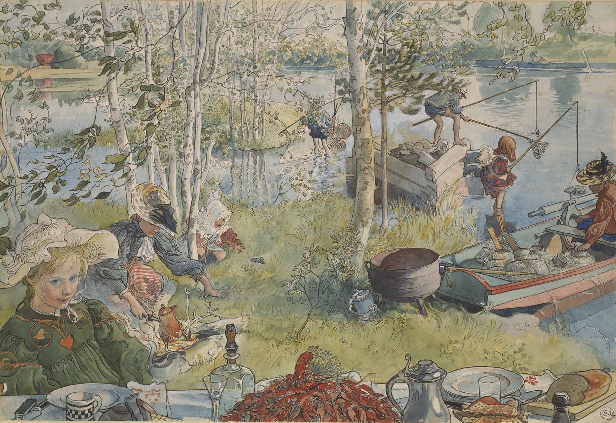La peche aux ecrevisses - Kräftfiske, av Larsson, Carl (1853-1919). Akrylfärger på papper. Mått: 32x43 cm. Nationalmuseum Stockholm av Carl Larsson