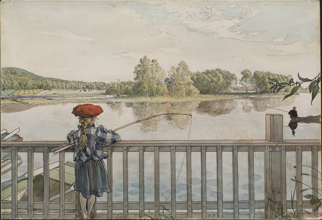 Lisbeth a la peche a la ligne - Lisbeth Angling, av Larsson, Carl (1853-1919). Akvarell och tempera på papper. Mått: 32x43 cm. Nationalmuseum Stockholm av Carl Larsson