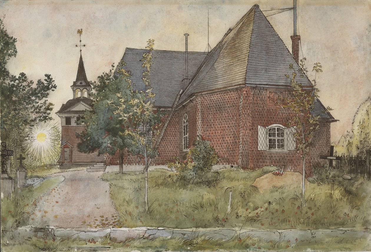 Gamla Sundborns kyrka, från A Home-serien, c.1895 (wc på papper) av Carl Larsson
