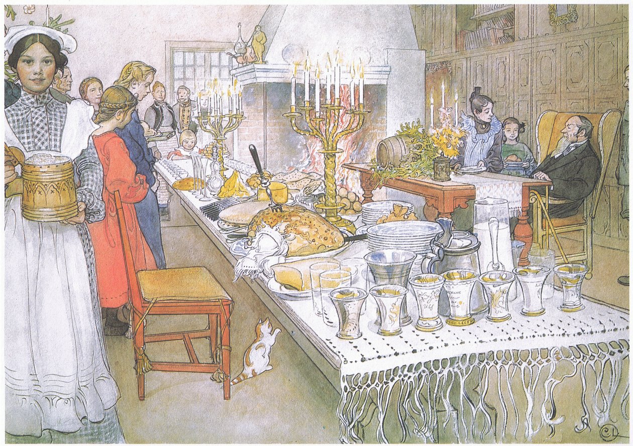 På julafton är det stora långbordet i den stora salen helt täckt av mat (färglitografi) av Carl Larsson