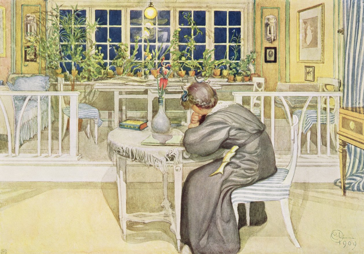 Kvällen före resan till England - arbetsrum, publicerad i Lasst Licht Hinin, 1909 av Carl Larsson