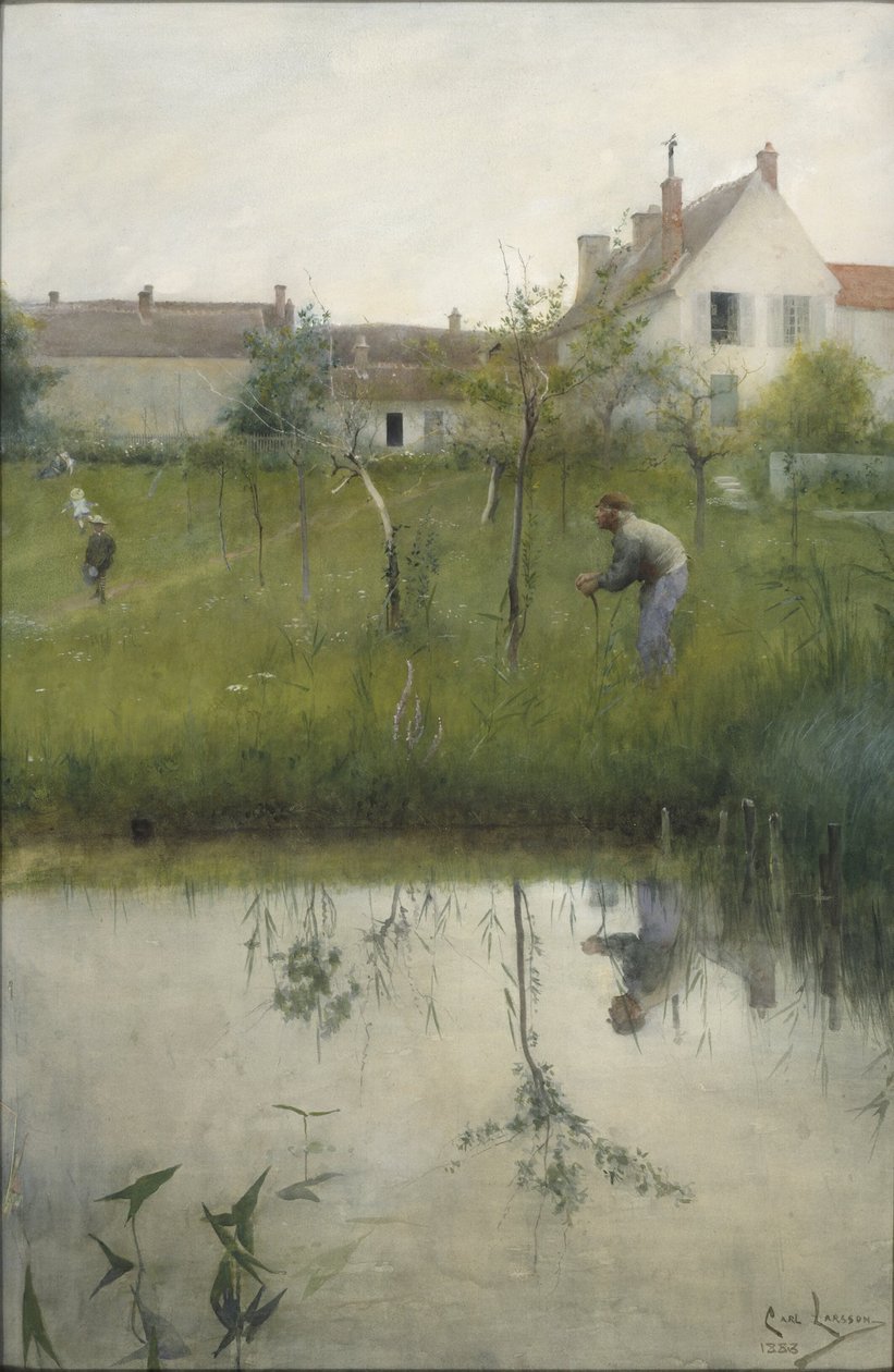 Den gamle mannen och plantskolans trädgård av Carl Larsson