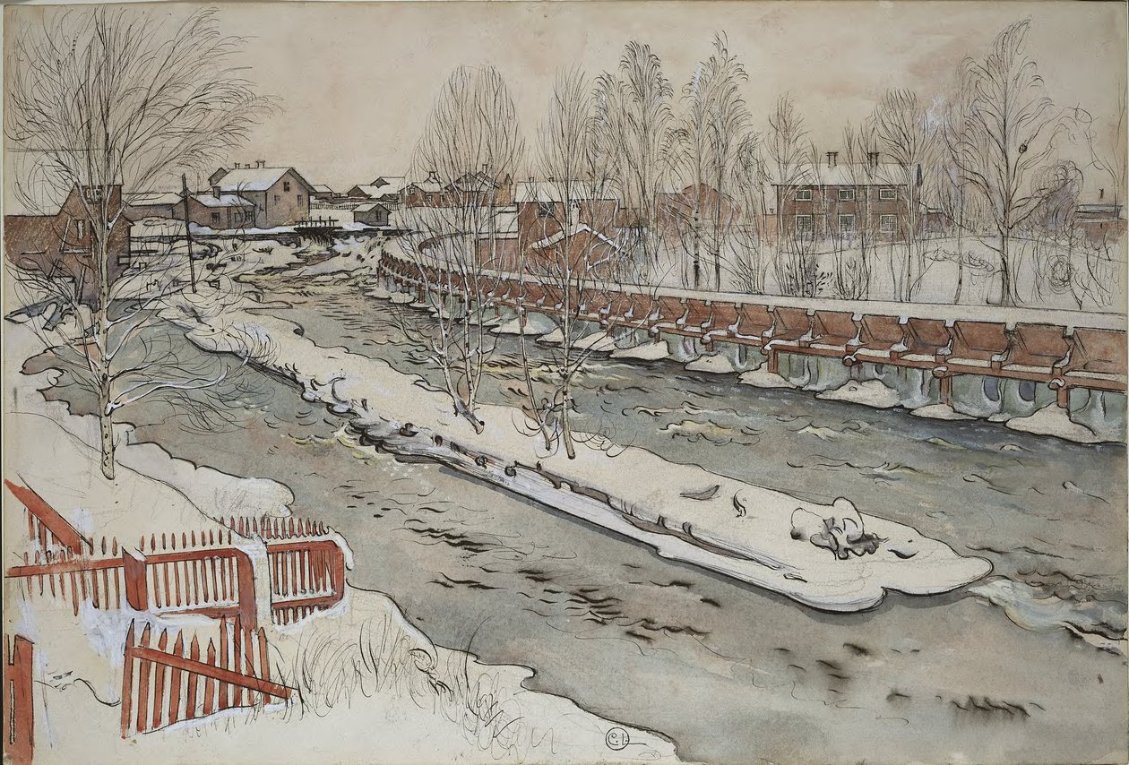 ”Timber Chute”. Vintermotiv. Ur ”A Home” (26 akvareller) av Carl Larsson